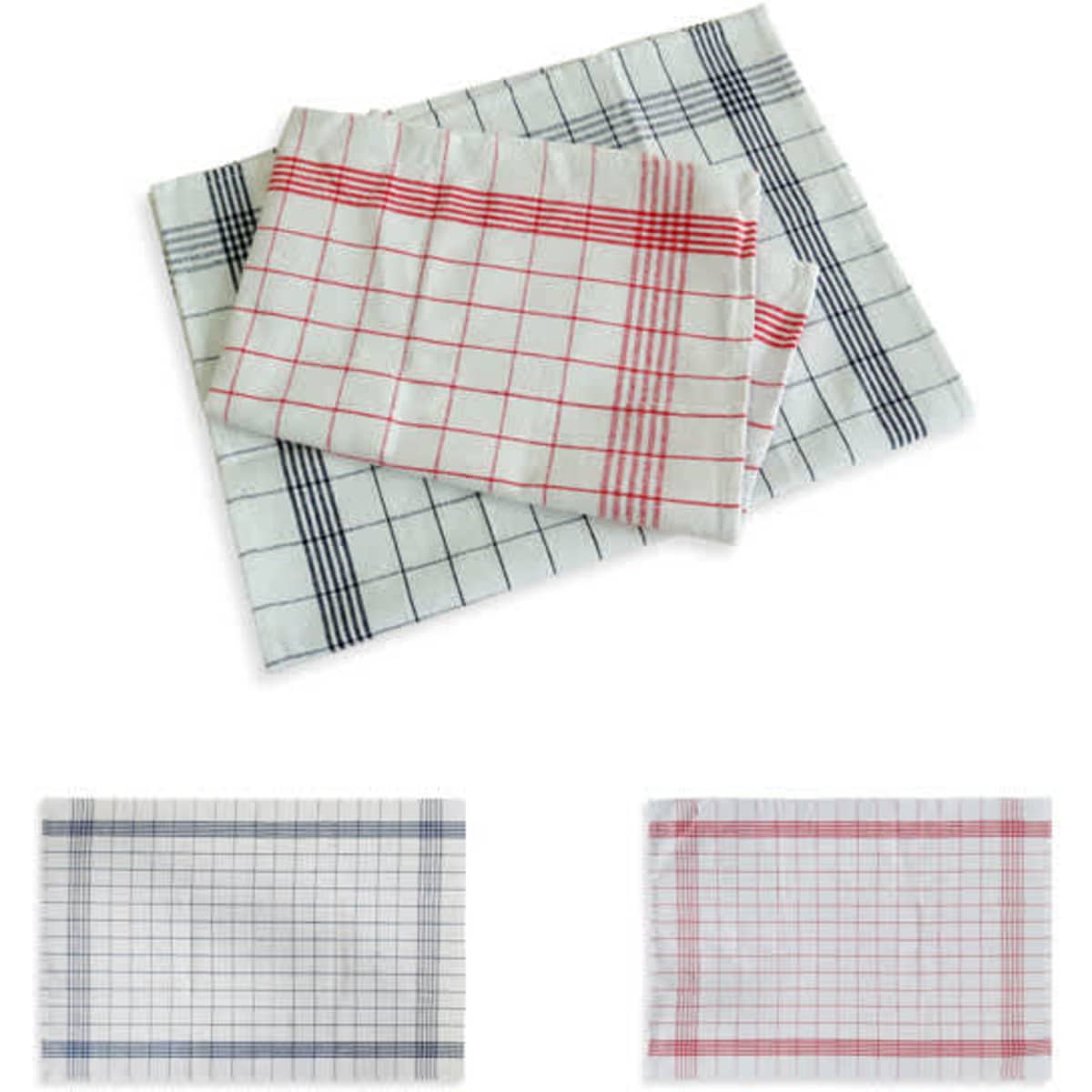 Three classic plaid check tea towels in white with red and navy blue grid patterns, featuring a subtle texture.