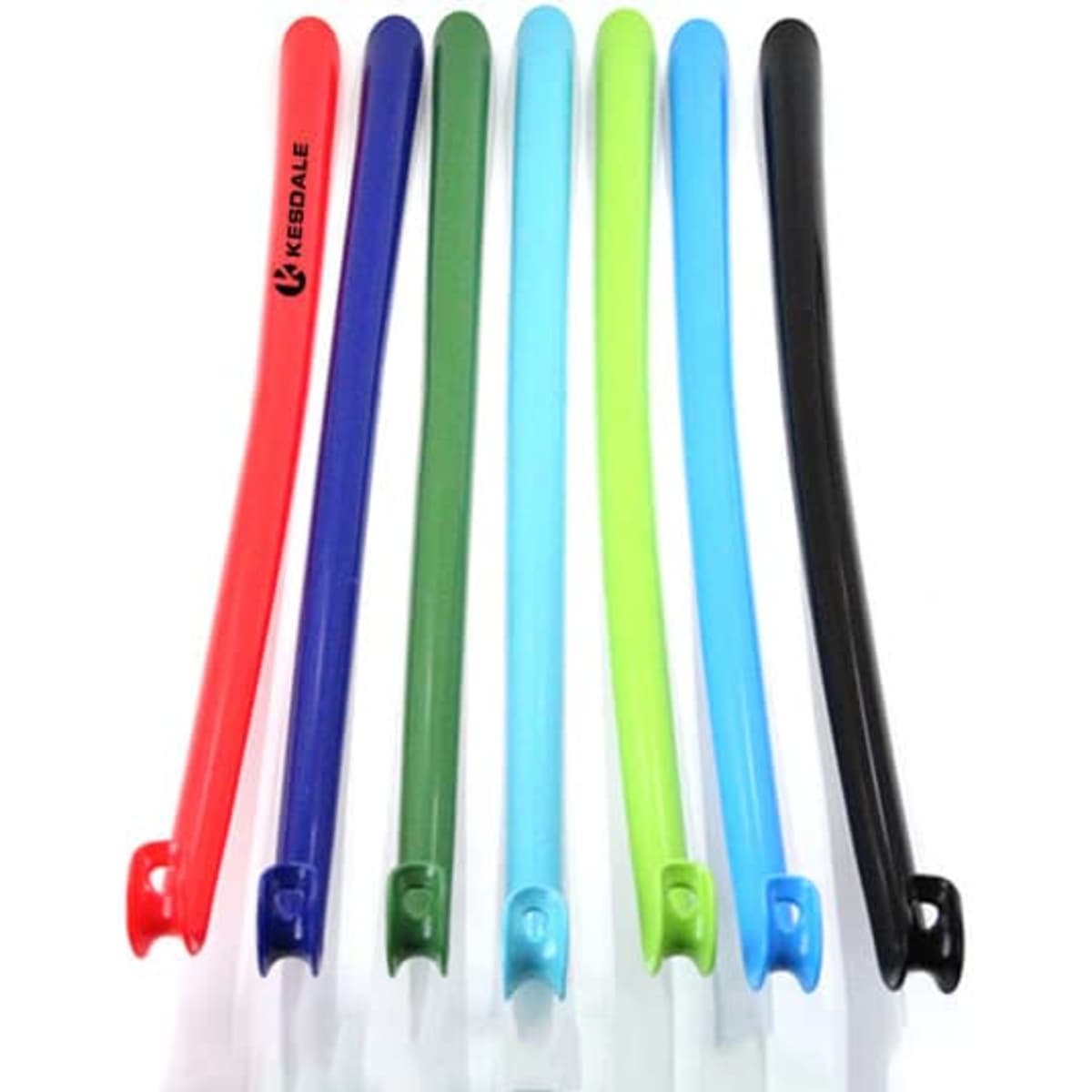 A set of eight plastic long handle shoe horns in various colours: red, green, blue, black, and clear. Each has a logo.