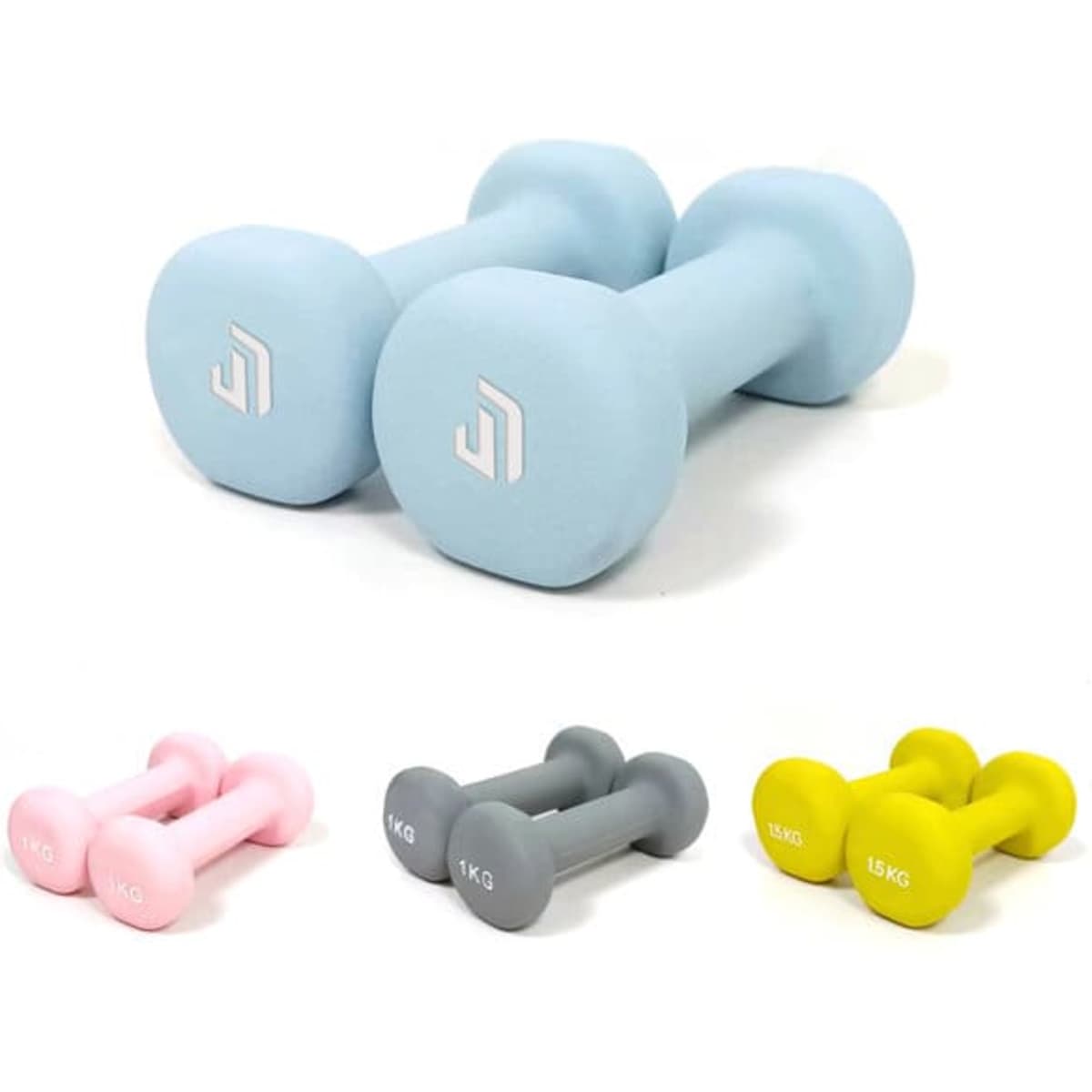 A pair of light blue 1kg dumbbell hand weights, with additional weights in pink, grey, and yellow displayed below.