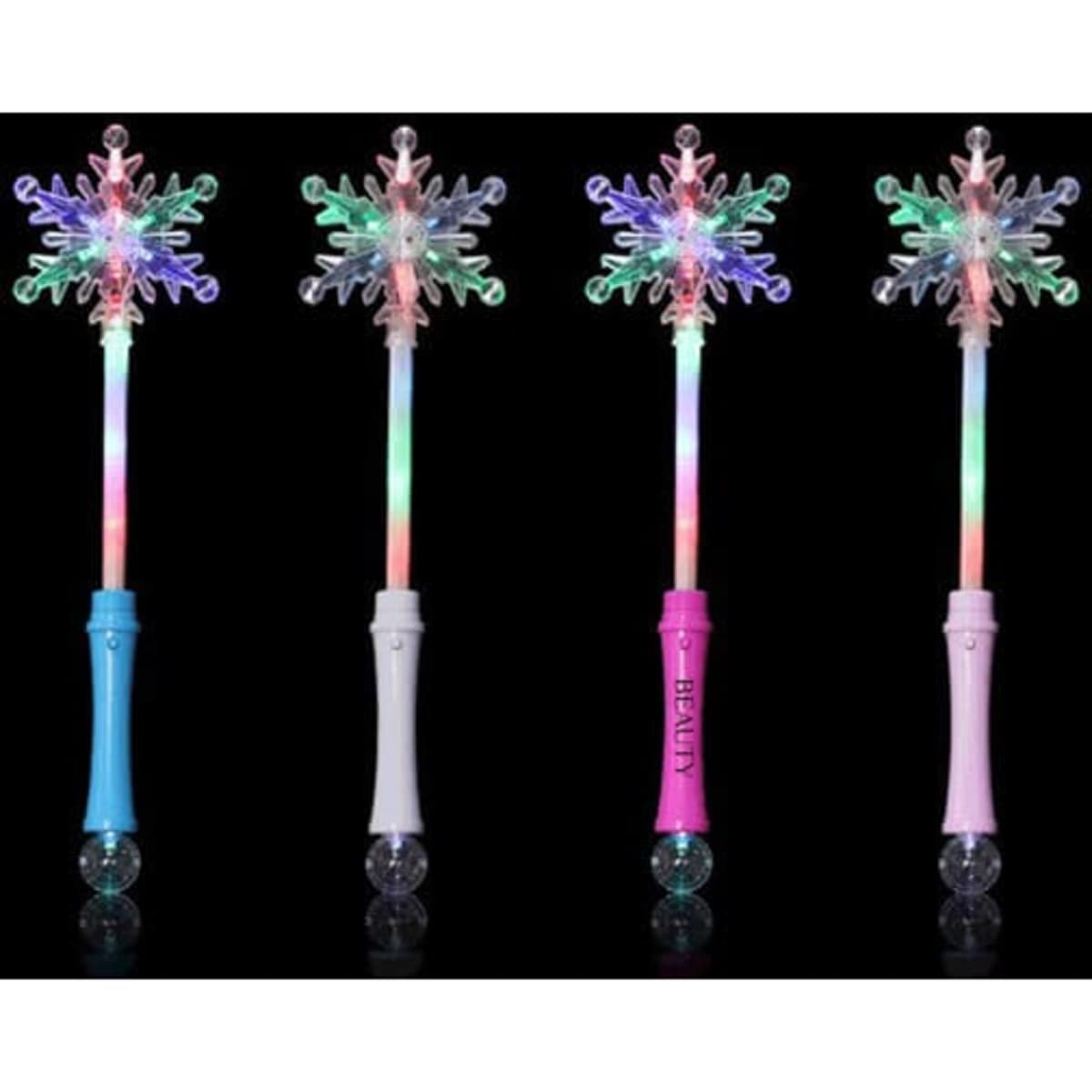 Colourful LED light-up snowflake wands in blue, pink, and white, featuring a snowflake design at the top.