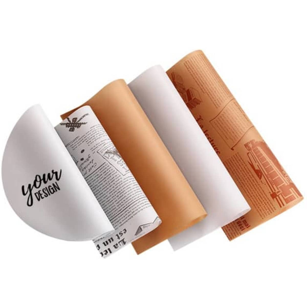 A collection of silicone baking sheets in white and brown, featuring various designs and textures, with a logo present.