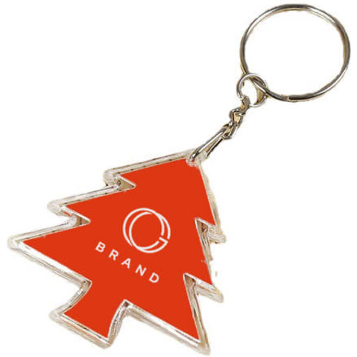 A red Christmas tree keychain with a silver keyring and a logo.