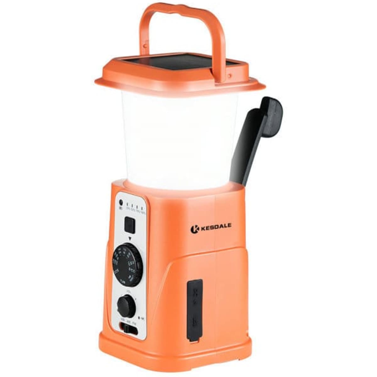 A multi-functional camping light in bright orange, featuring a detachable hand crank and various control knobs.