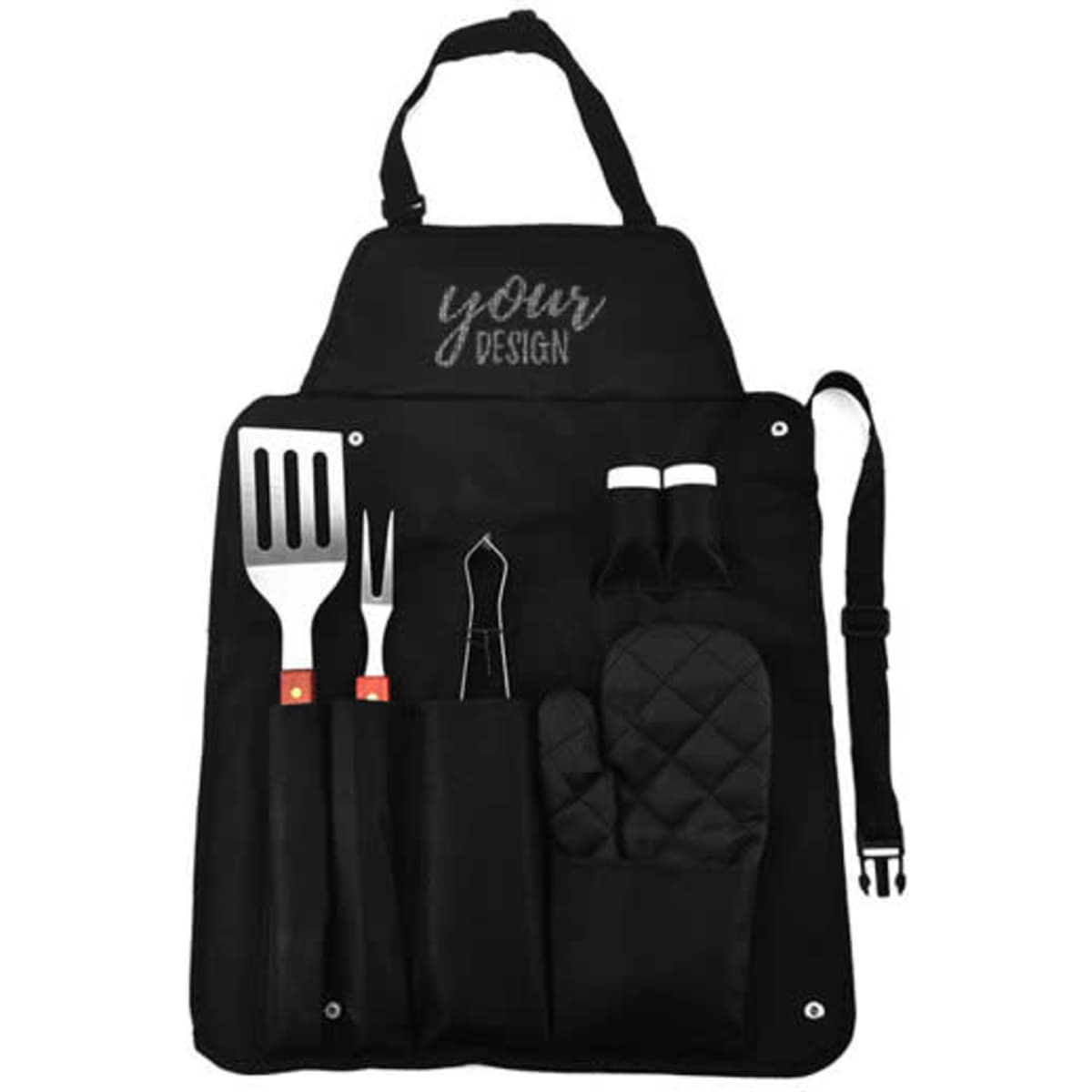 A black BBQ apron with utensils including a spatula, fork, tongs, and an oven mitt, featuring pockets for storage.