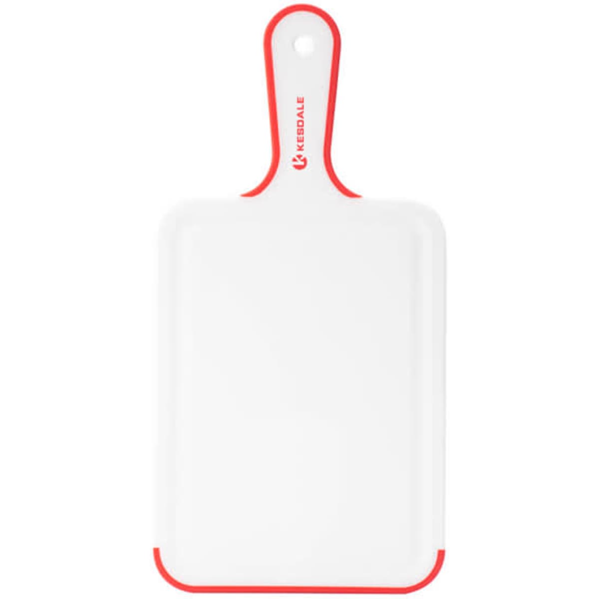 A white non-slip plastic cutting board with a red trim and handle, featuring a logo at the top.