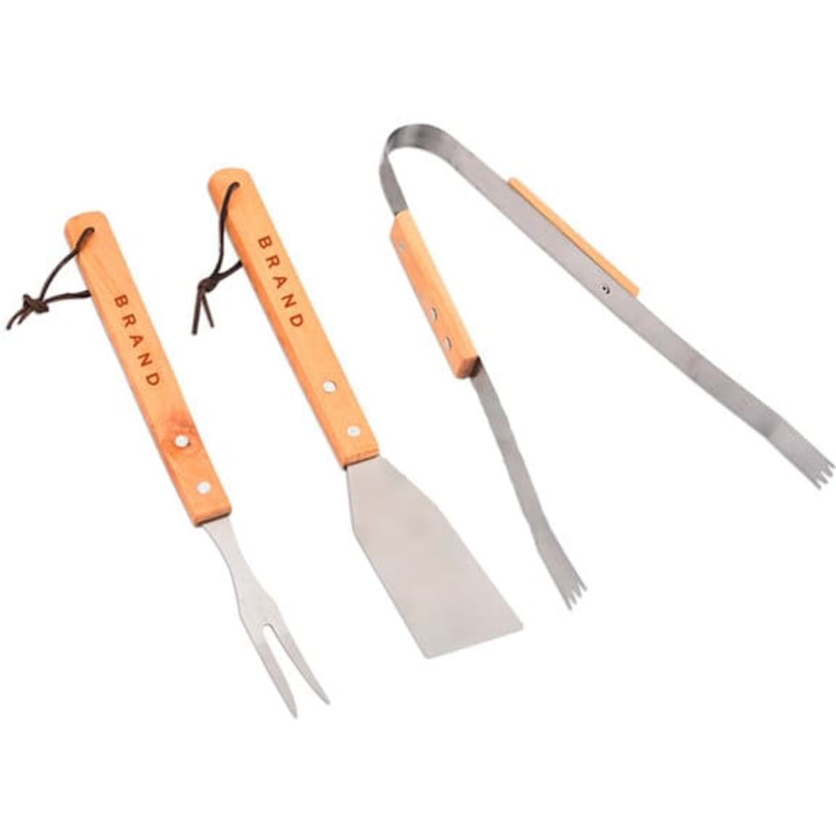 A three-piece BBQ tool set with wooden handles and stainless steel utensils, including a spatula, fork, and tongs.
