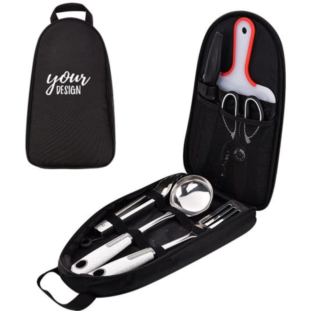 A black camping cooking utensils set featuring a spatula, knife, spoon, fork, and can opener in a zippered case.