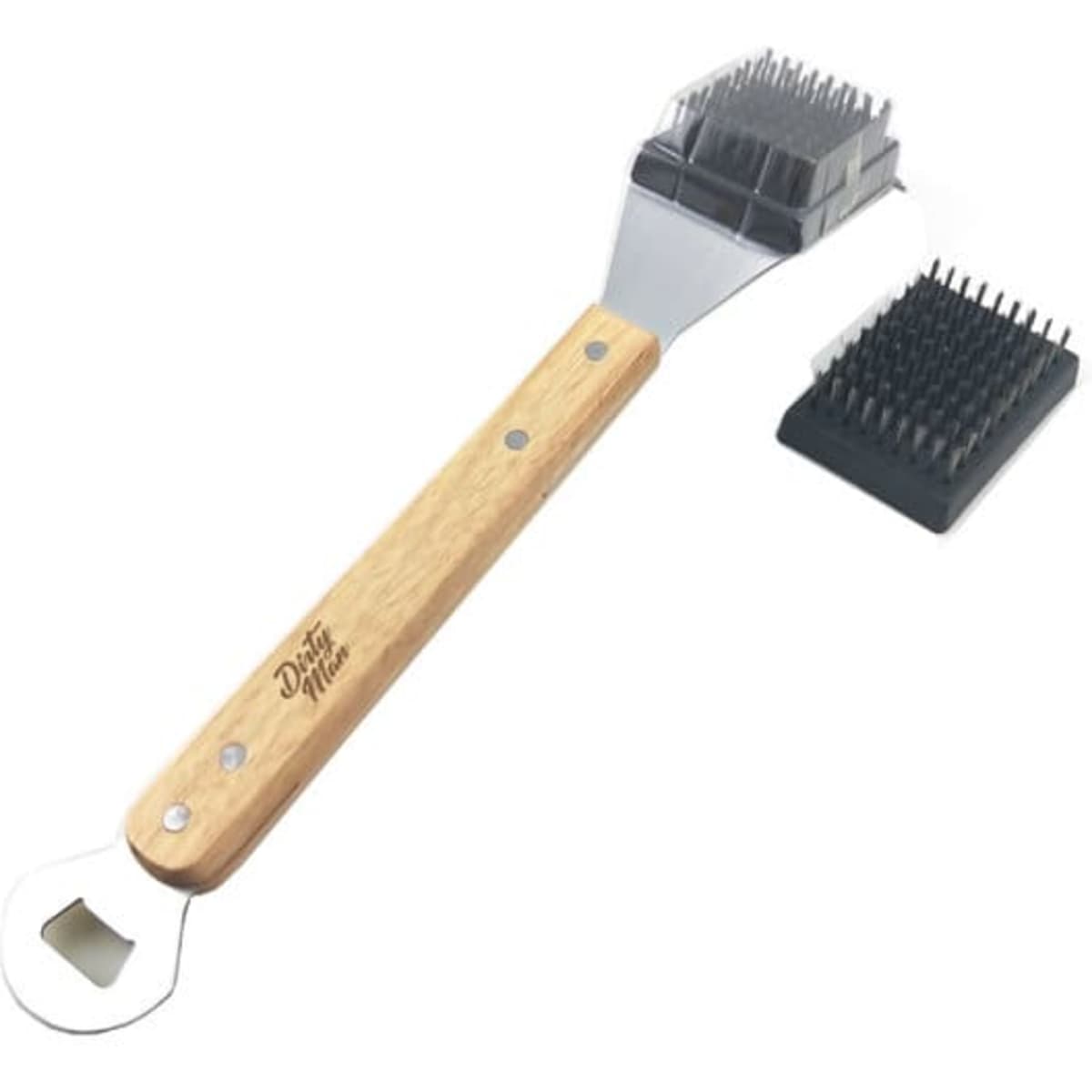 A BBQ aid grill brush and scraper with a wooden handle and black bristle head, featuring a bottle opener at the end.