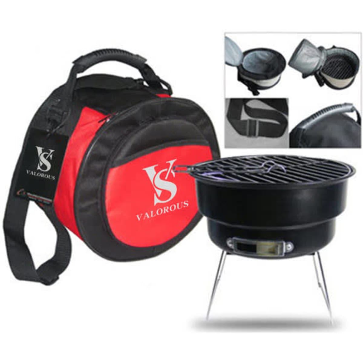 A portable picnic grill with a removable cooler bag in red and black, featuring a grill top and adjustable strap.