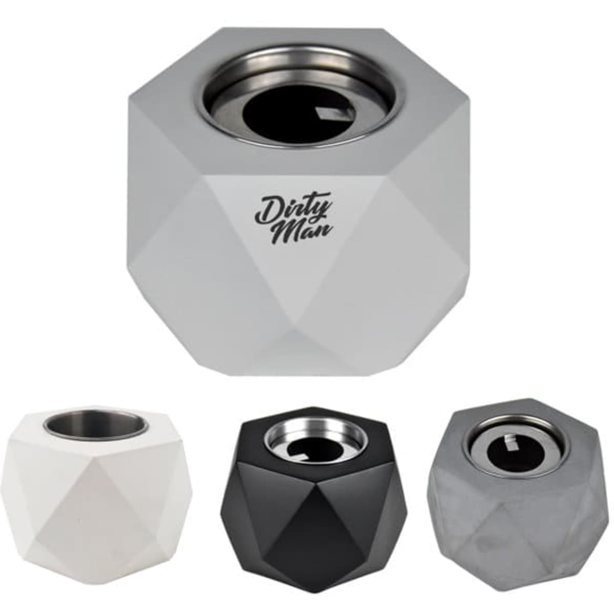 A set of portable mini fire pits in white, black, grey, and a geometric design, featuring a metal interior and a logo.