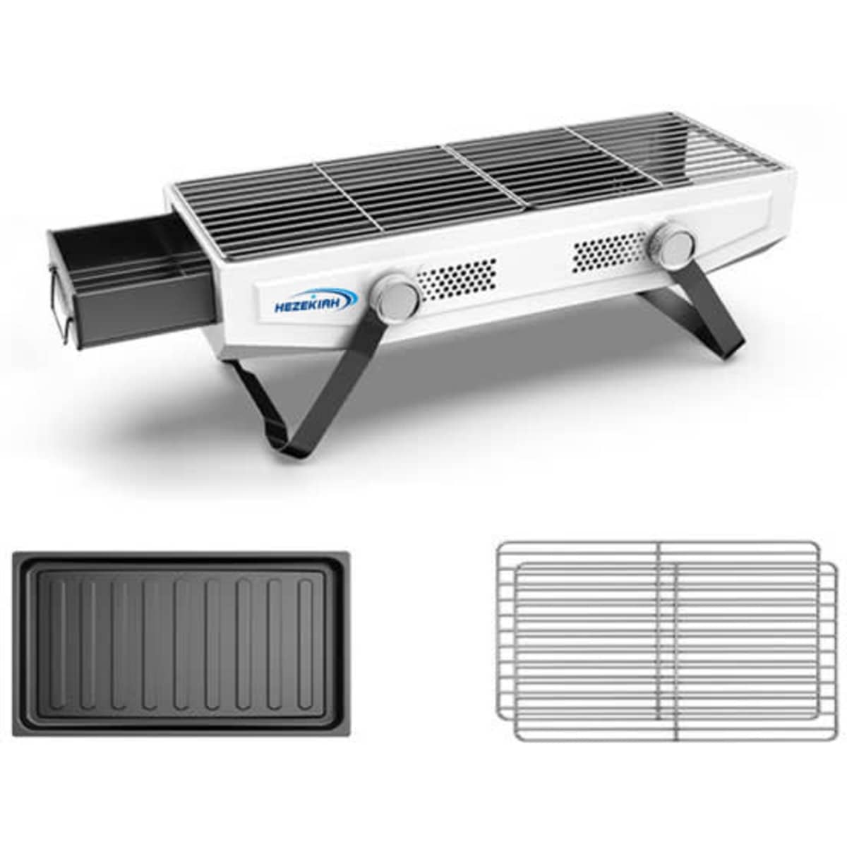 A multifunctional folding charcoal BBQ grill in silver with multiple grilling surfaces and a removable charcoal tray.