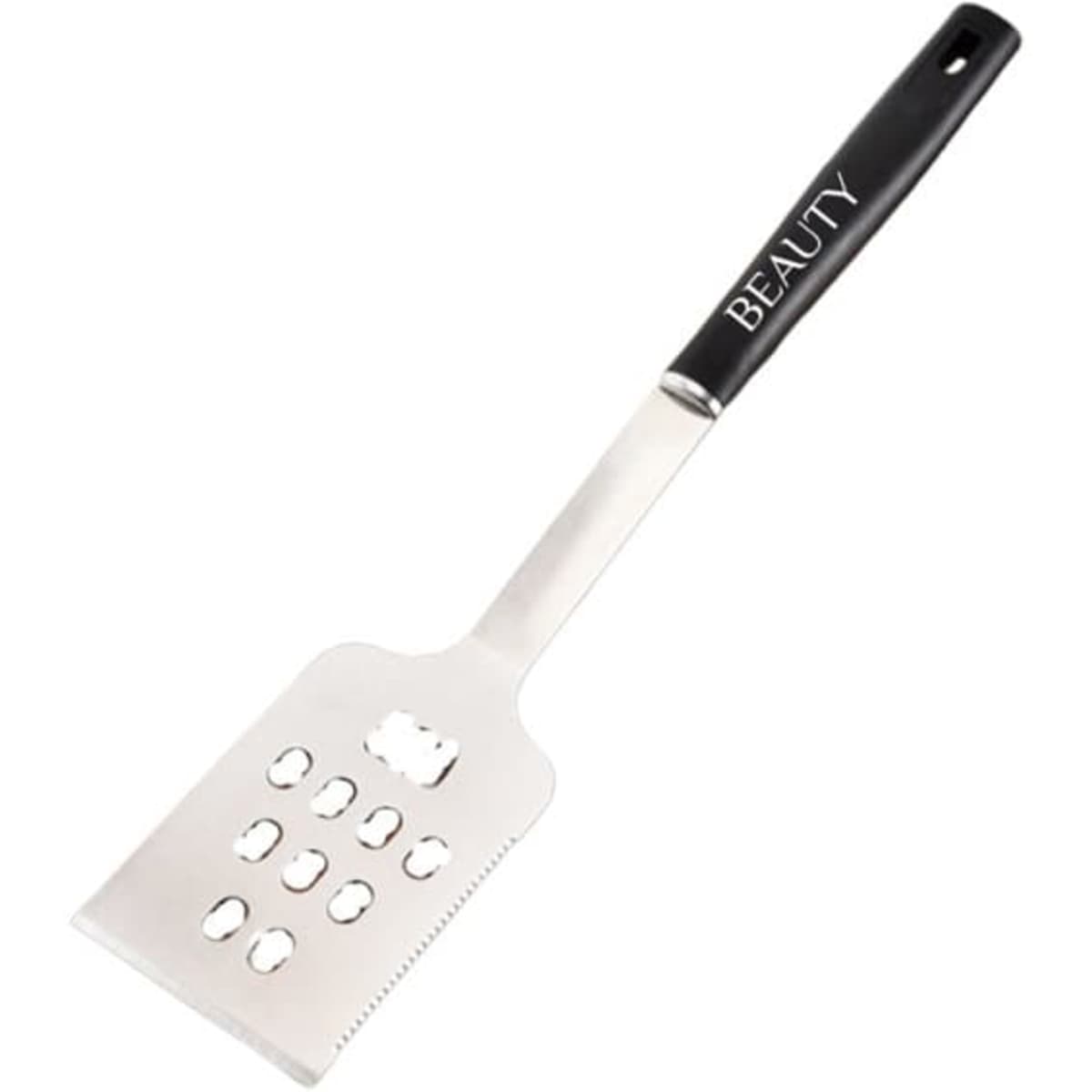 A stainless steel BBQ spatula with a black handle and cut-out holes for effective grilling. It features a branding logo.