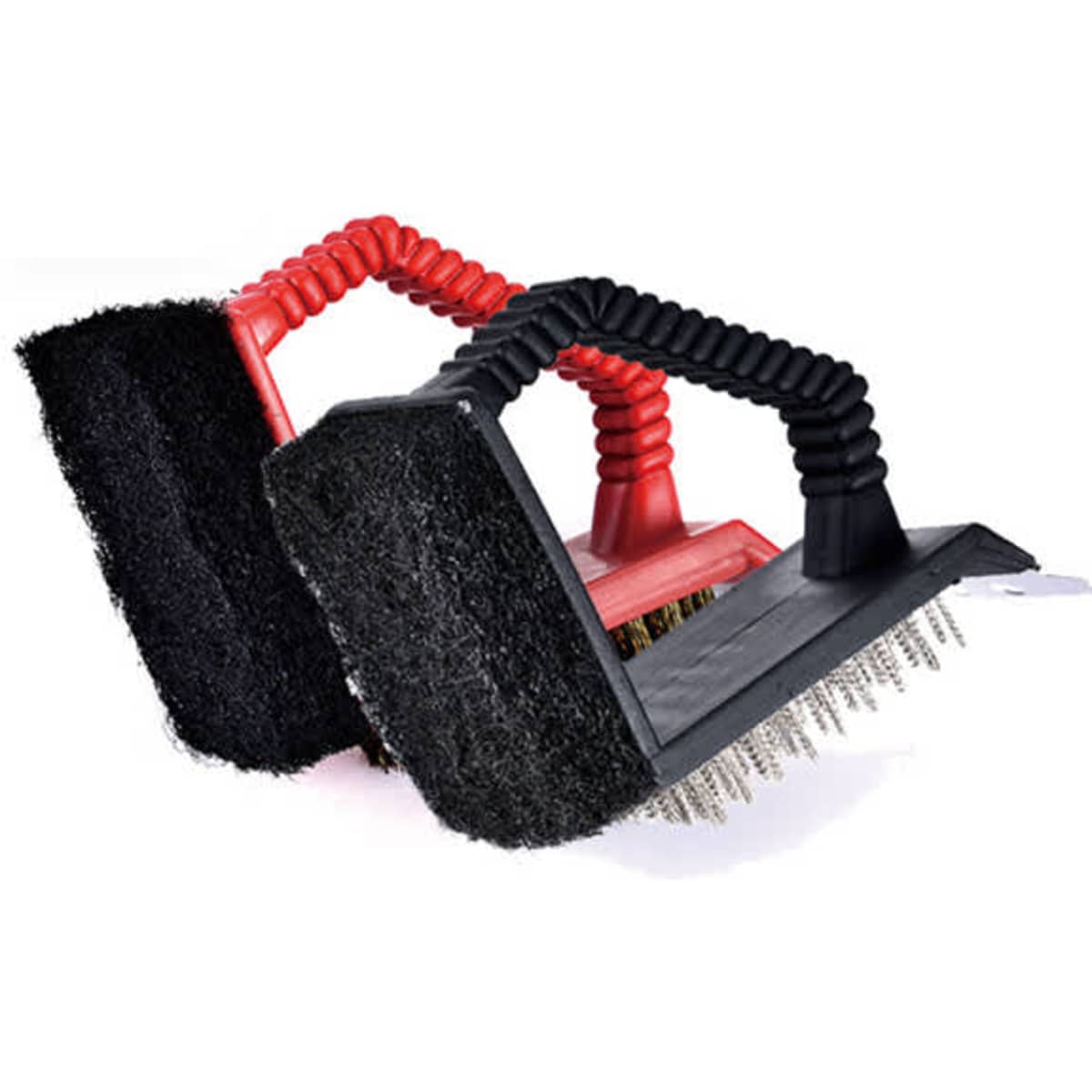 A 3 in 1 BBQ cleaning brush featuring red and black handles, with different cleaning surfaces for effective use.