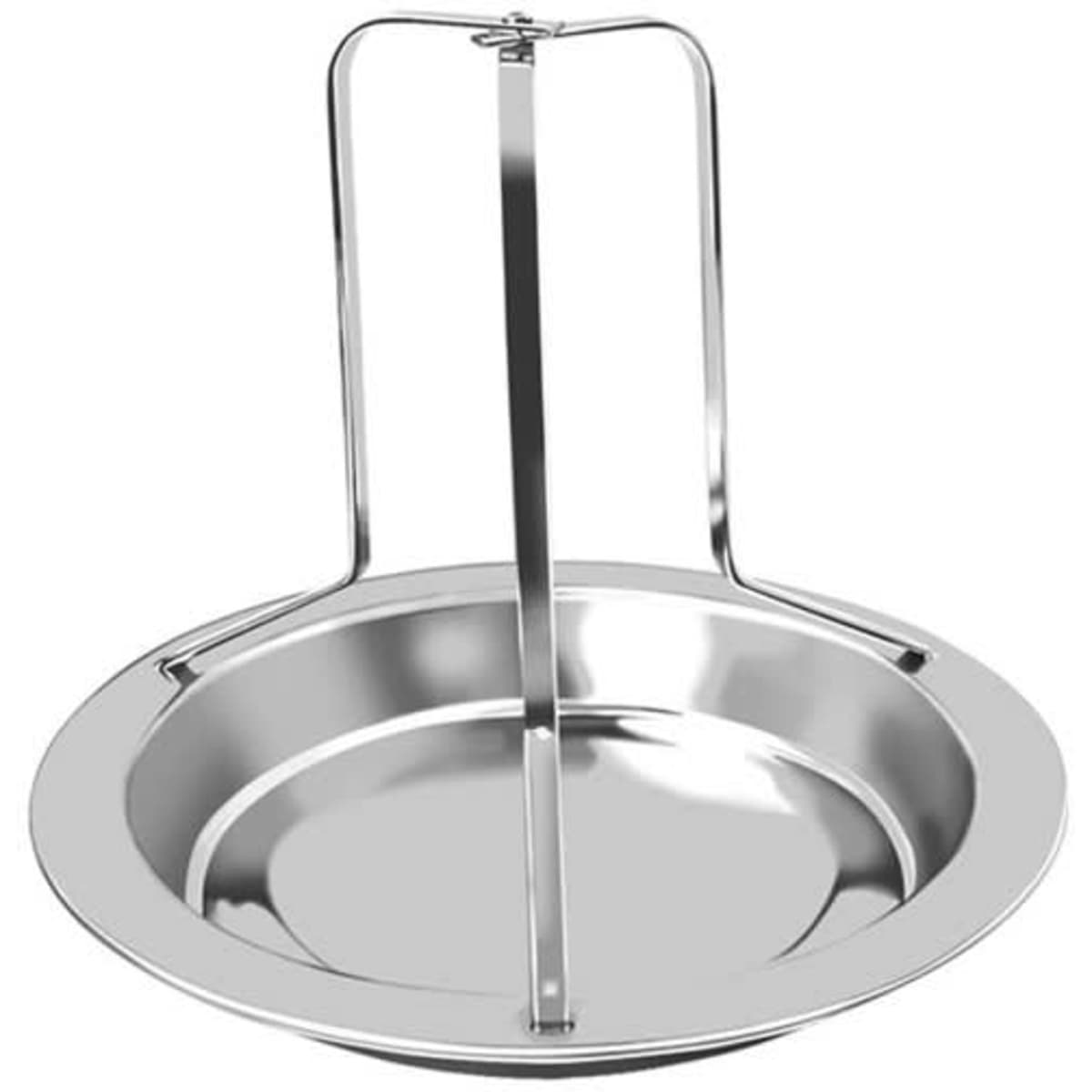 A stainless steel chicken roaster rack with a tray, featuring a central support handle.