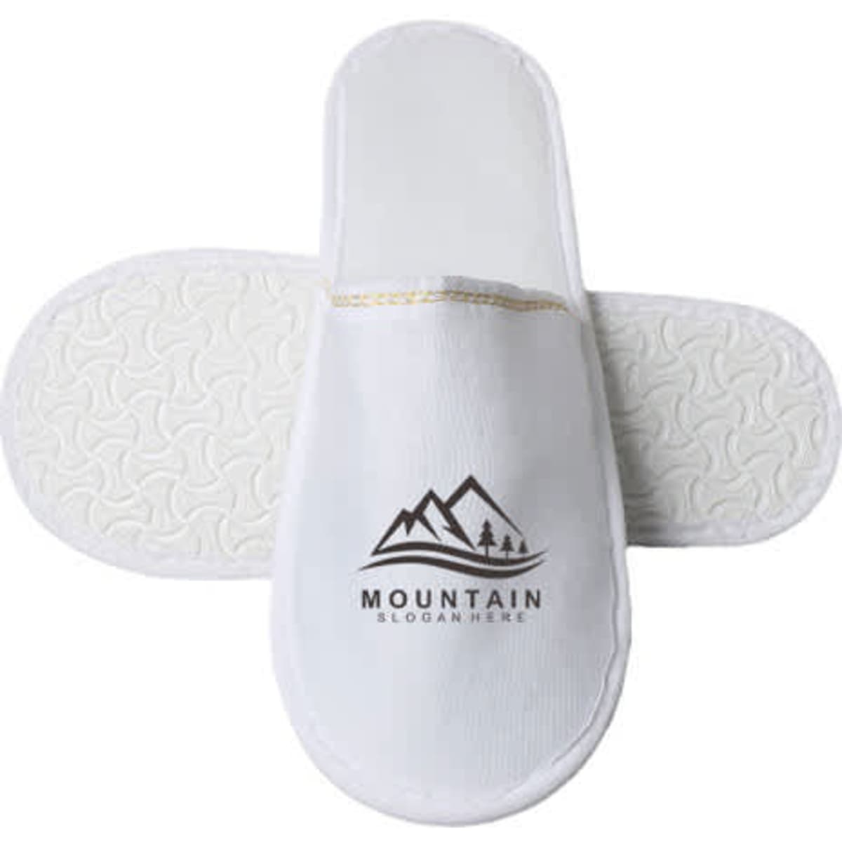 White hotel slippers with an anti-slip sole, featuring a logo and a textured design on the base.