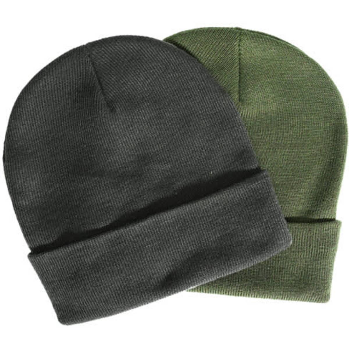 A pair of beanies in dark grey and olive green, made from recycled RPET material, featuring a logo.