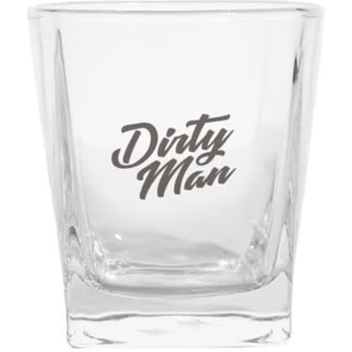 A clear, square whiskey glass with a logo printed on the front.
