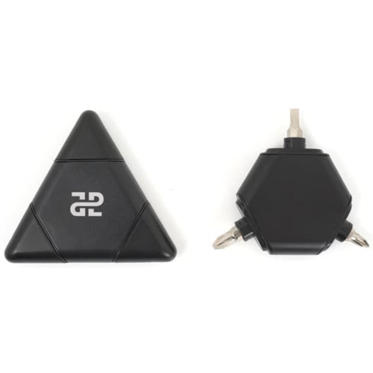 A triangular black screwdriver set with two attachments and a logo. Compact design suitable for keyrings or tools.