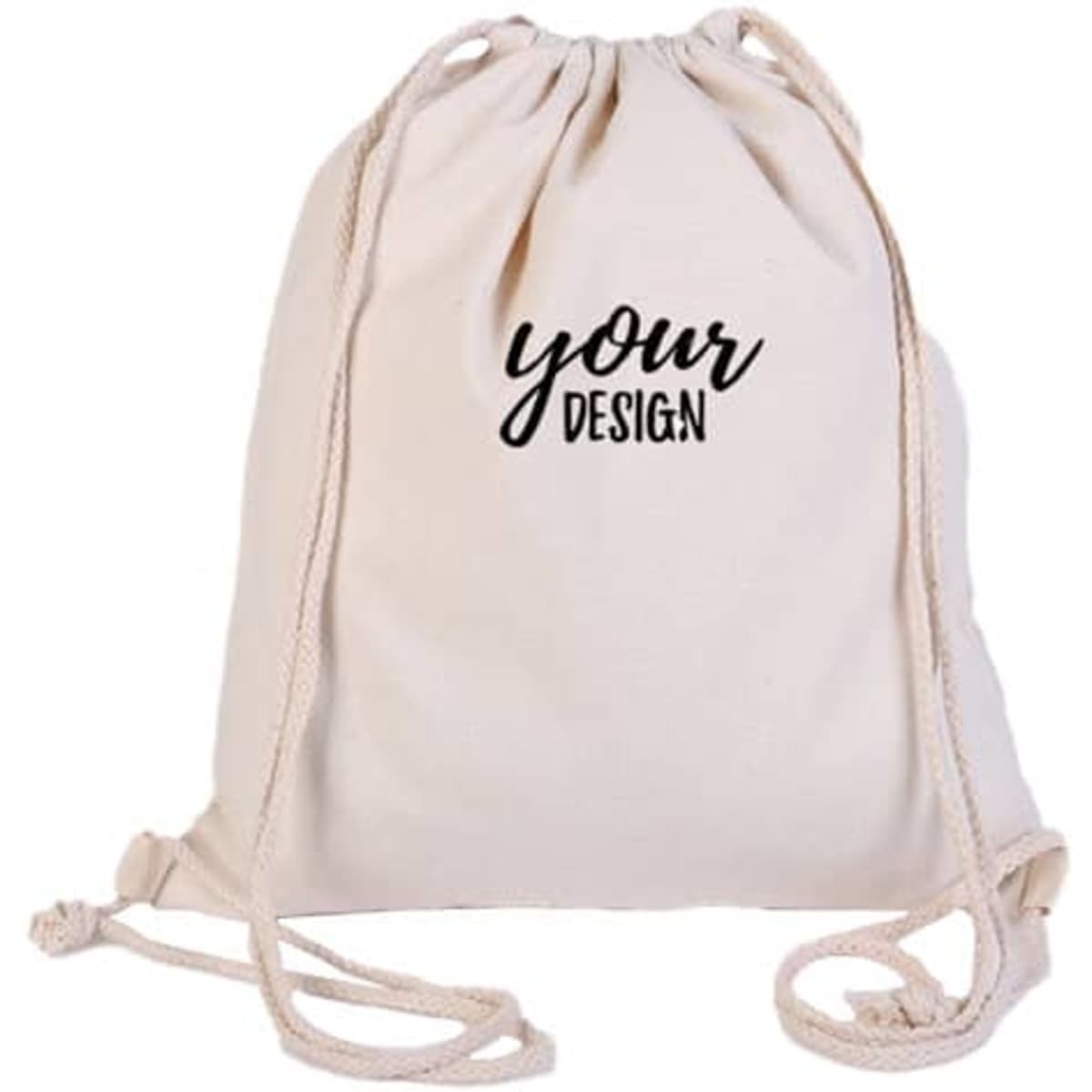 A beige cotton canvas drawstring backpack with a decorative design and matching drawstrings.