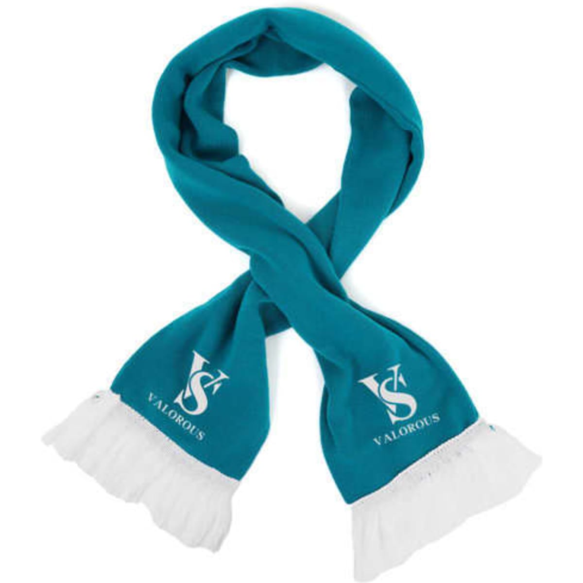 A teal acrylic scarf with white tassels, featuring a logo at one end.