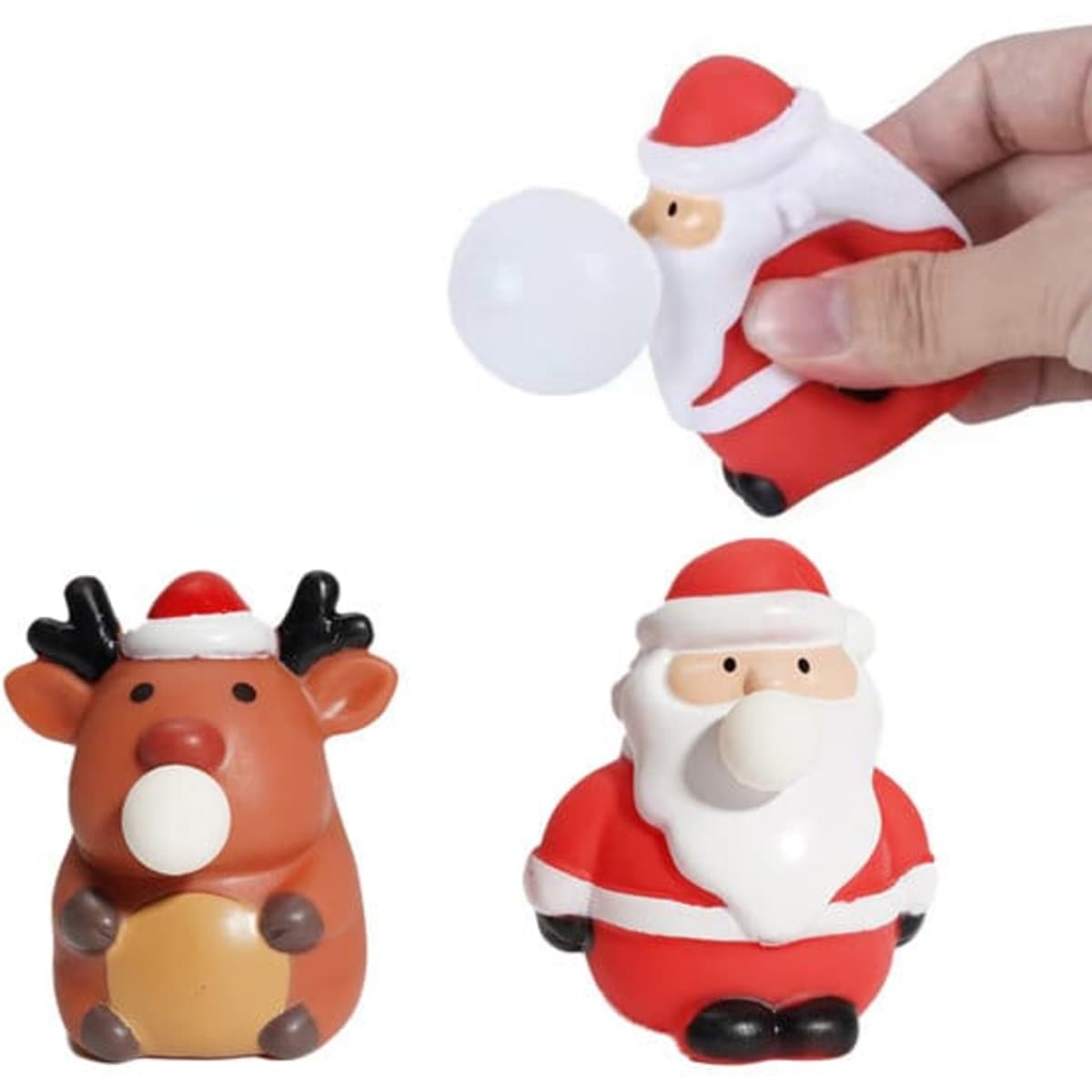A Christmas-themed antistress toy set featuring a Santa and a reindeer, both in vibrant red and brown colours.