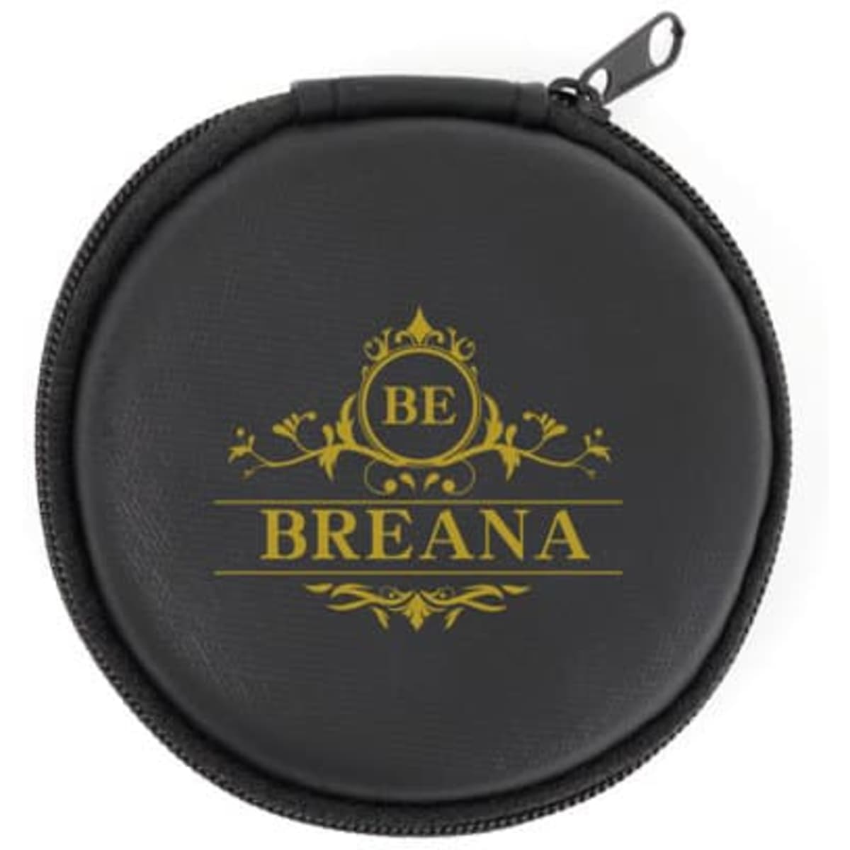 A circular black EVA earphone storage case with a golden logo and zip closure.