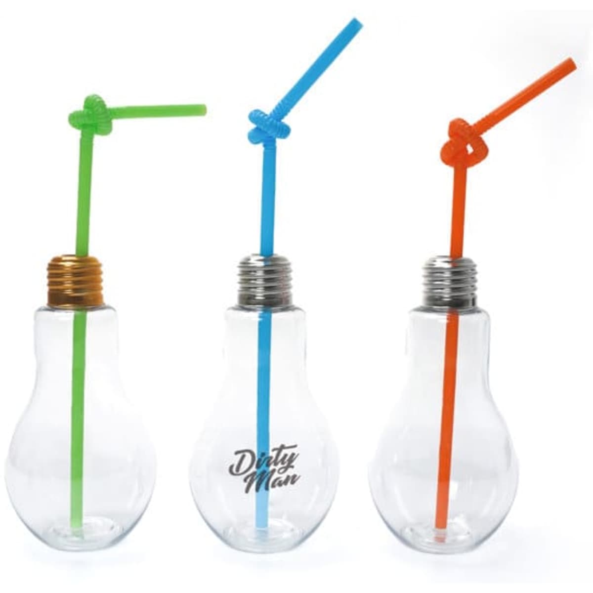 A drink bottle shaped like a light bulb, made of clear plastic with colourful straws and a logo on the front.