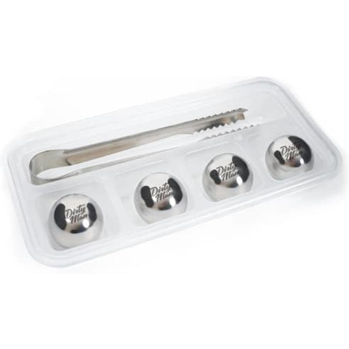 A set of four stainless steel ice stones and a tong, presented in a clear tray. The ice stones are silver.