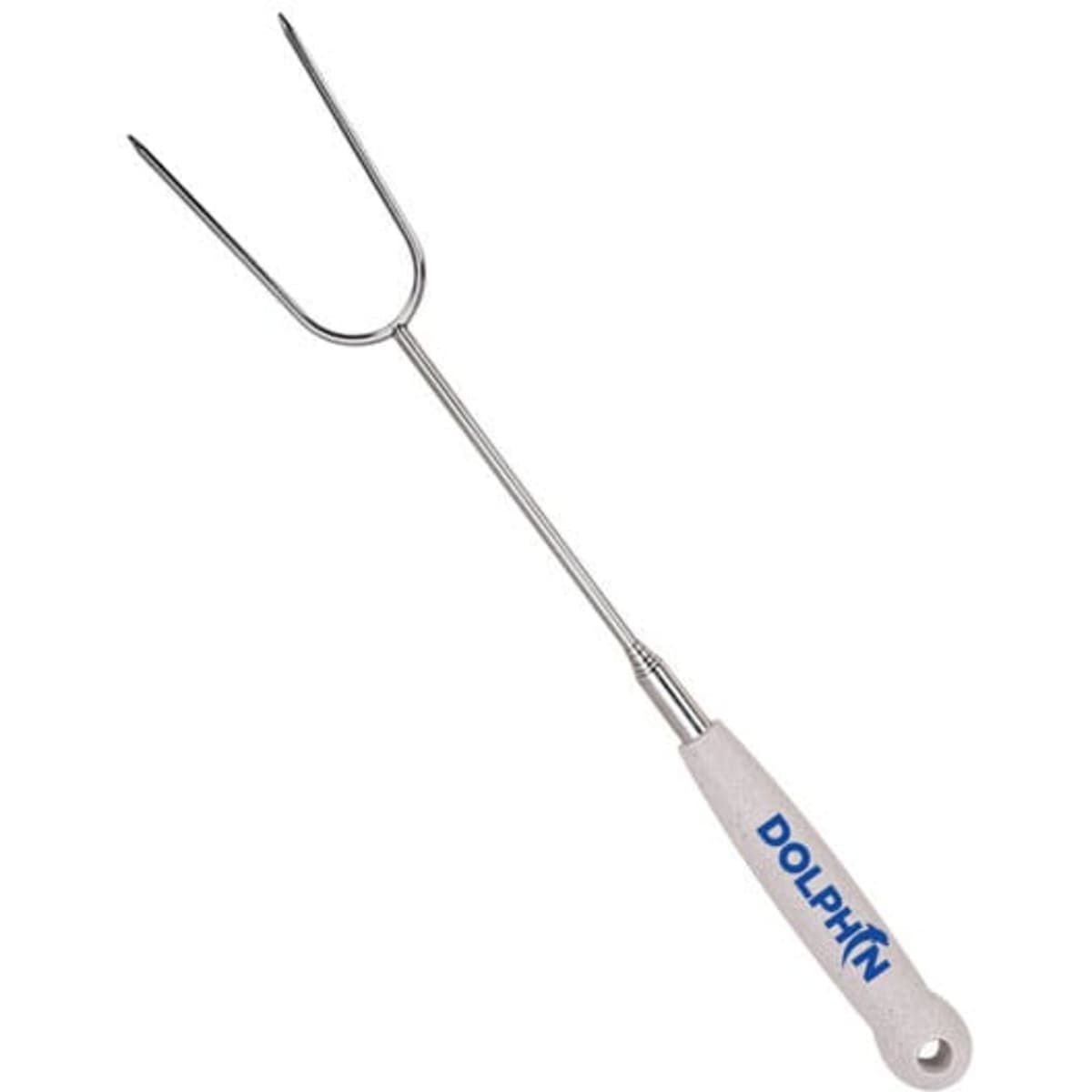 A stainless steel telescoping BBQ roasting fork with a white handle and a logo on it.