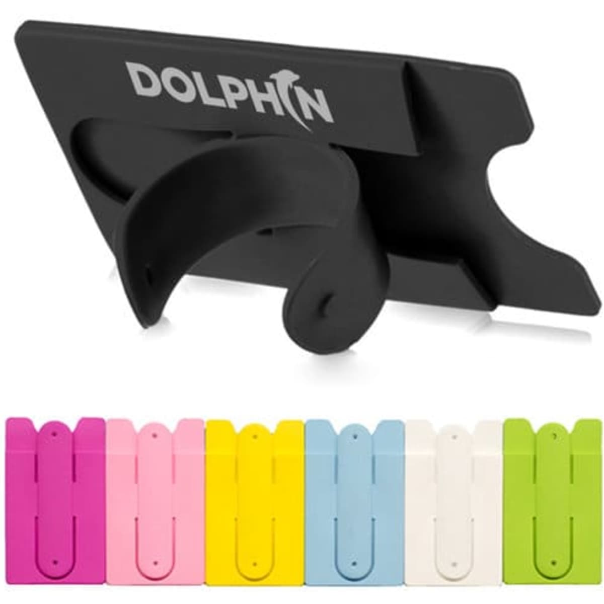 A silicone card holder with a phone stand in black, featuring additional colours: pink, yellow, white, and green. Includes a logo.