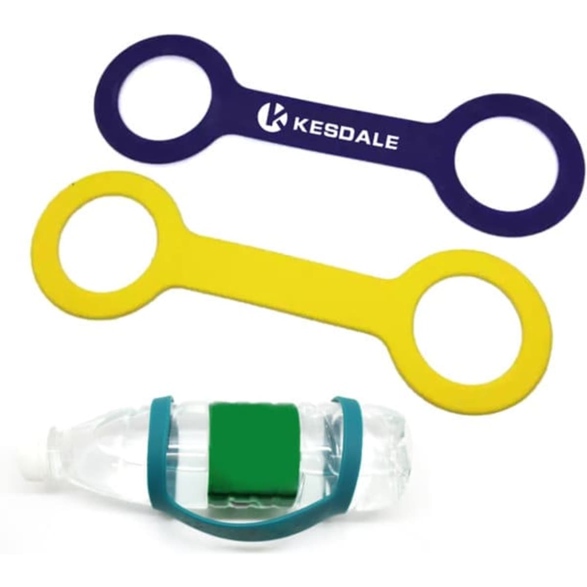 A drink bottle band handle set featuring purple, yellow, and green silicone bands designed for water bottles.