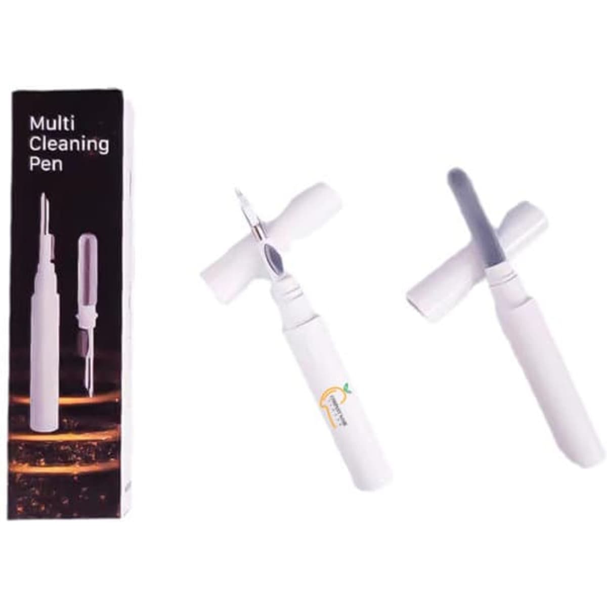 A white earbuds cleaning pen with a multi-use design next to its packaging, featuring a logo on the box.