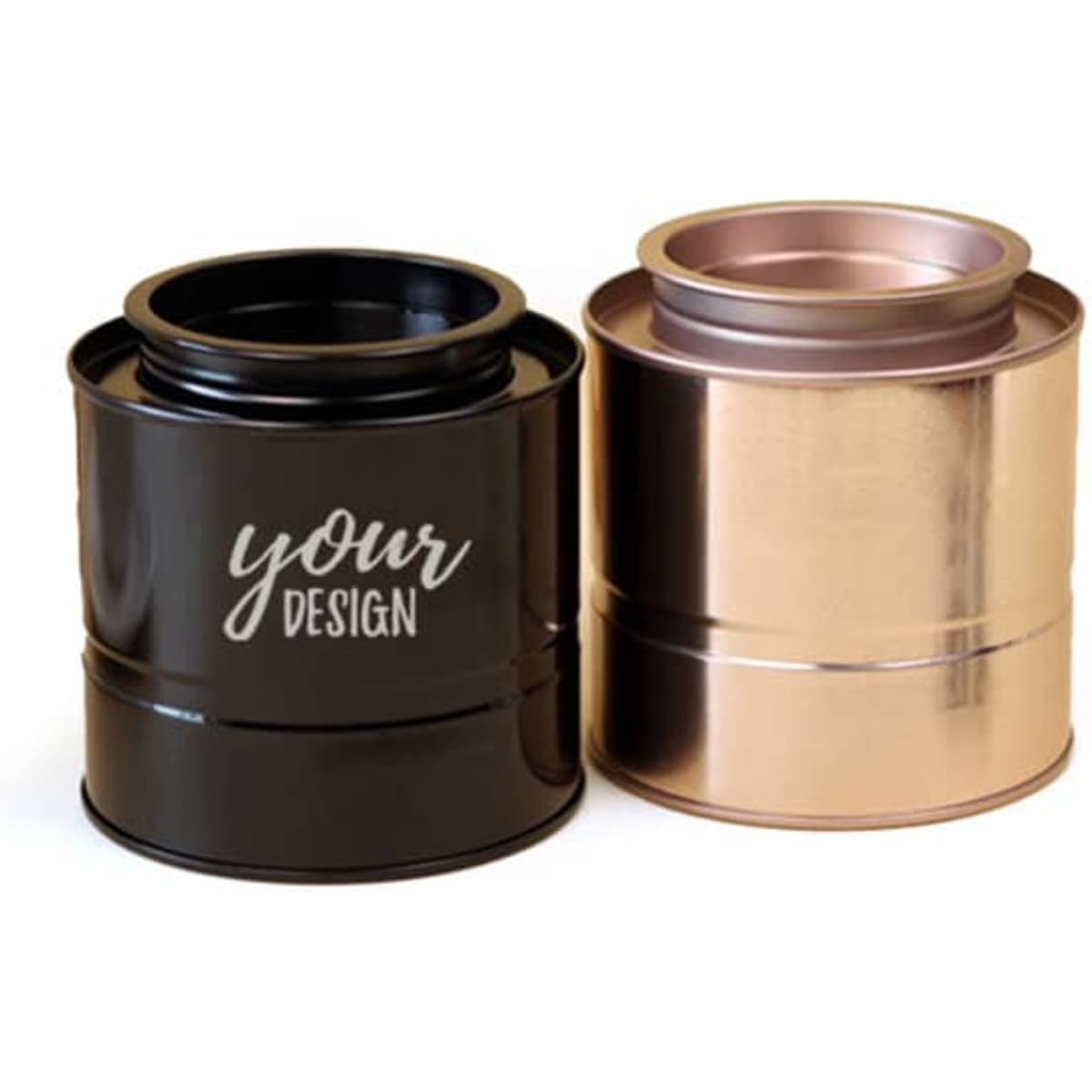 A cylindrical tin tea canister in black and rose gold, featuring a logo area for custom designs.