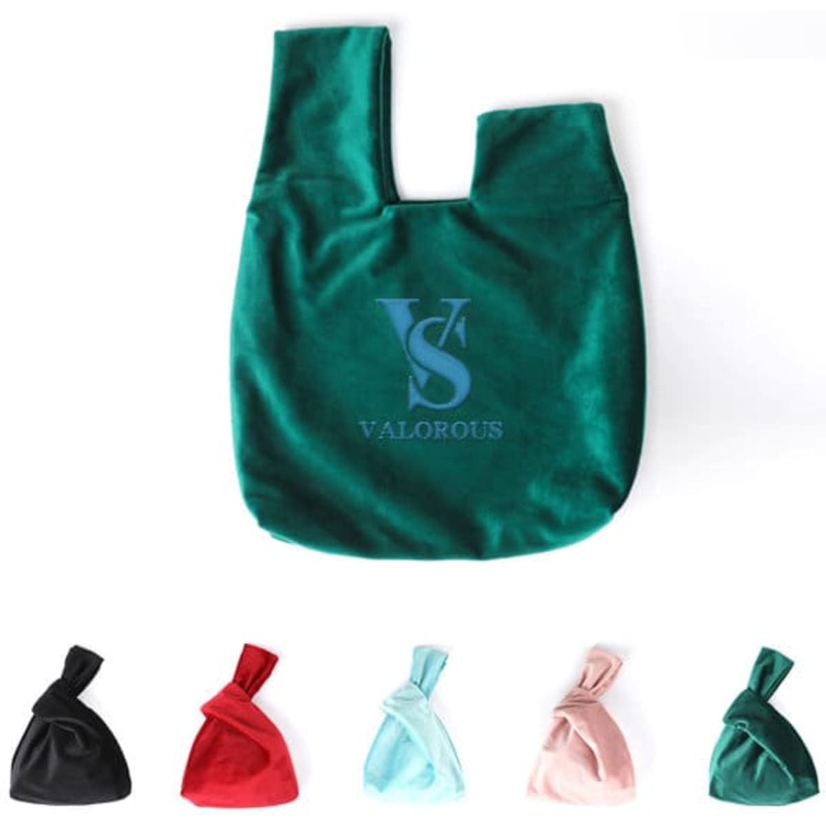 A green vintage velvet wrist bag featuring a logo, with options in black, red, light blue, and pink.