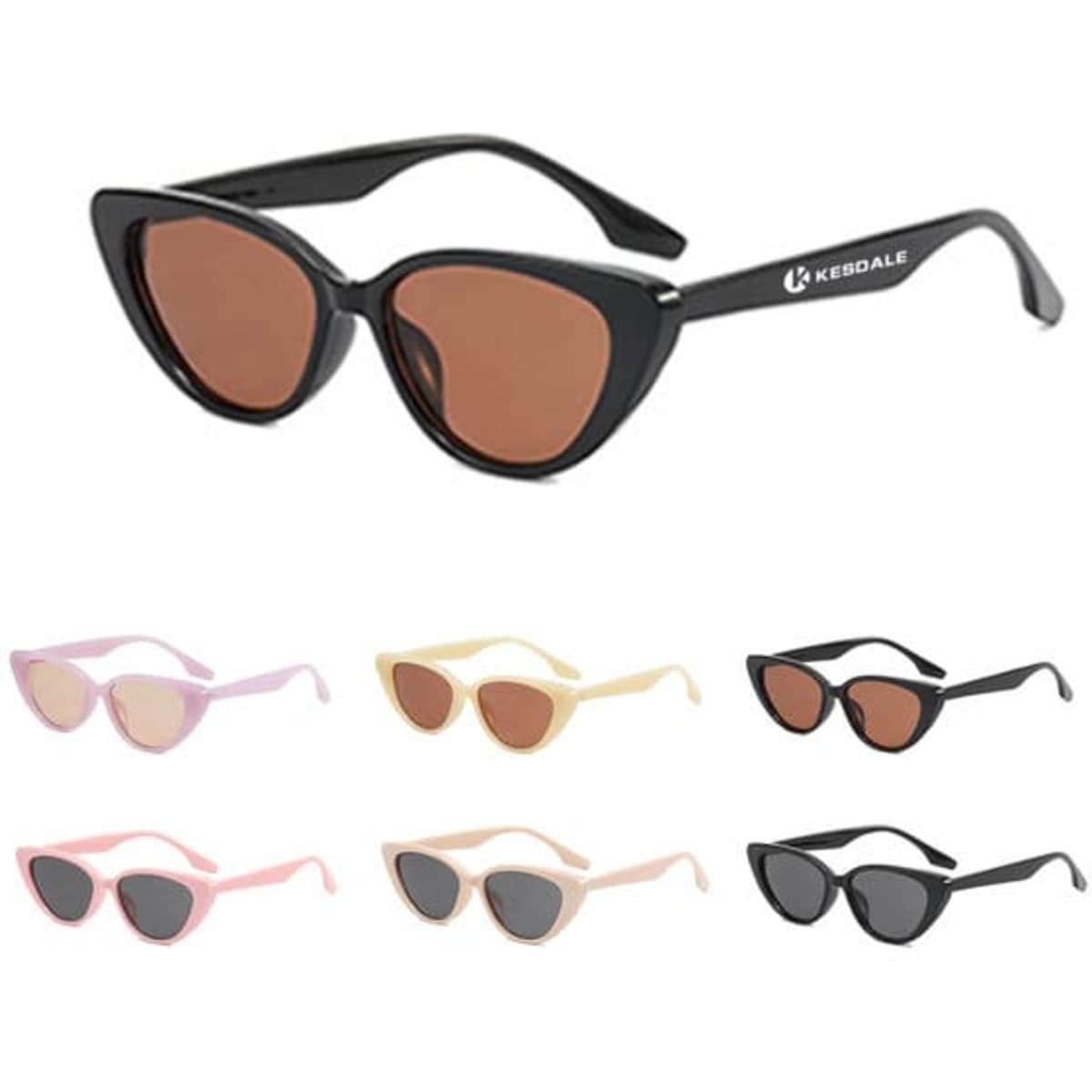 Triangular cat eye sunglasses in various colours including black, pink, cream, and grey, featuring a logo on the side.