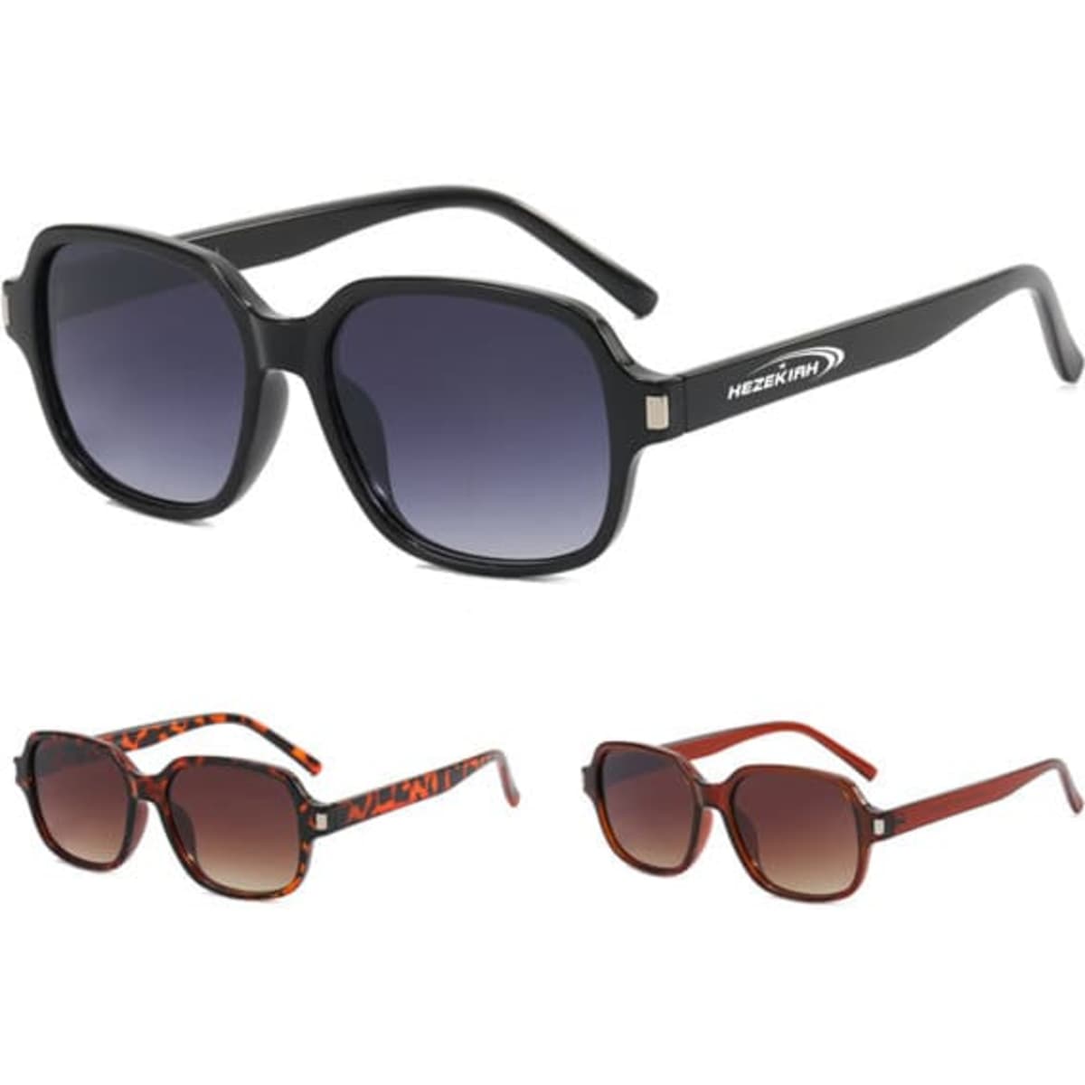 Custom printed sunglasses in black with gradient lenses, plus two additional pairs in tortoiseshell and dark red. Each pair features a logo.