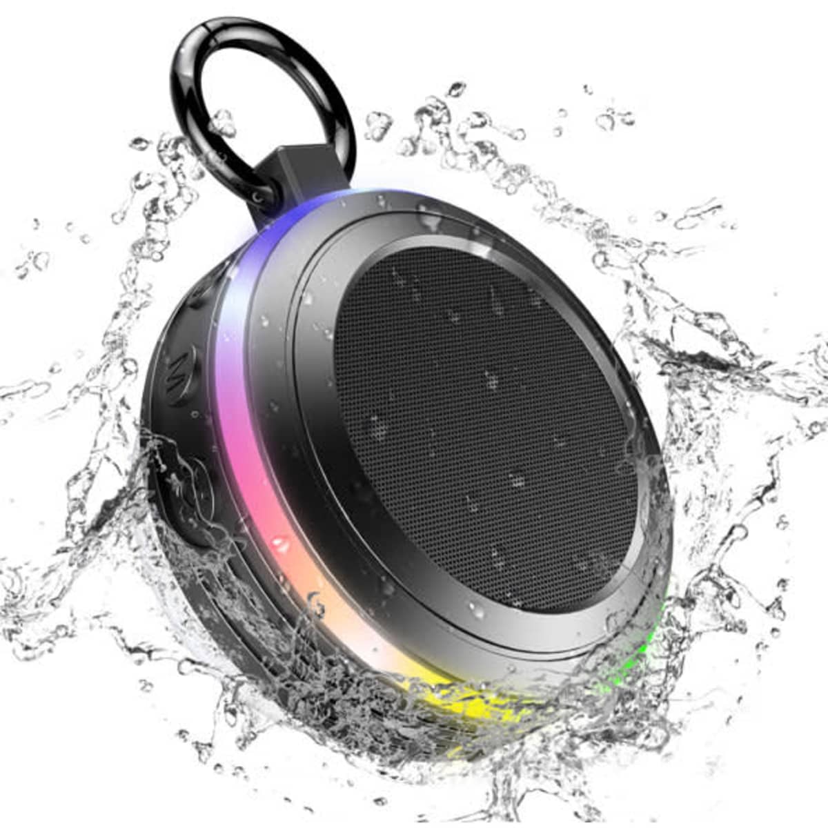 A round, black portable wireless shower speaker with colourful lights, partially submerged in water. It features a hanging clip.