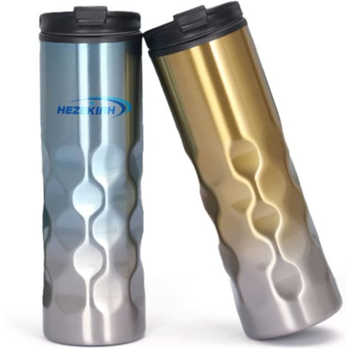 A drink bottle featuring a stainless steel spiral design in blue and gold, with a black lid and a logo.