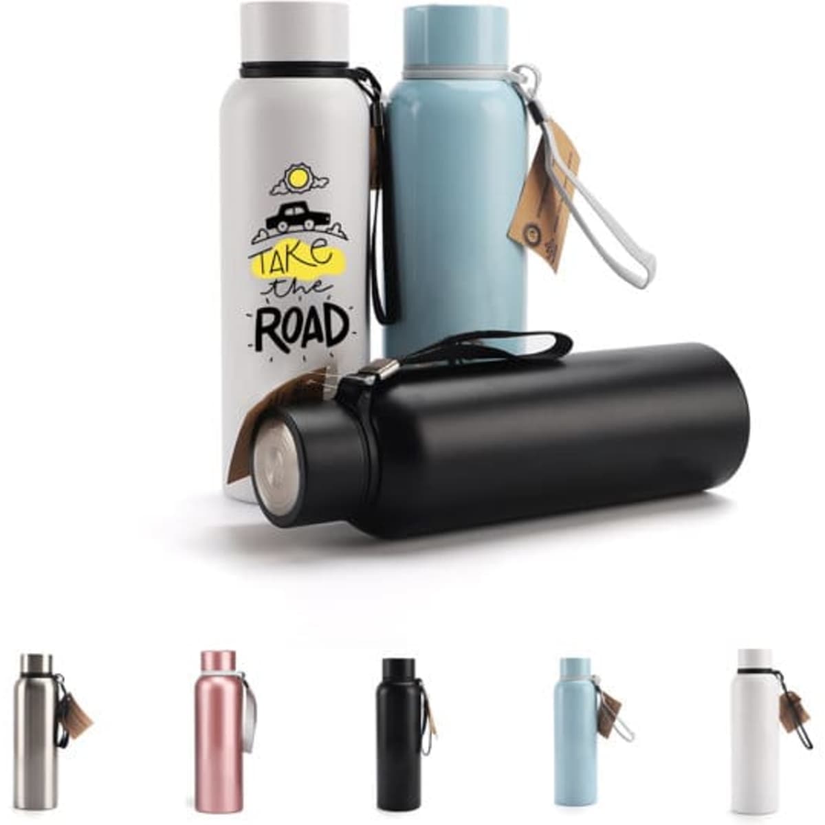 A drink bottle set featuring a white, light blue, and black insulated thermos with a carrying strap and tags.
