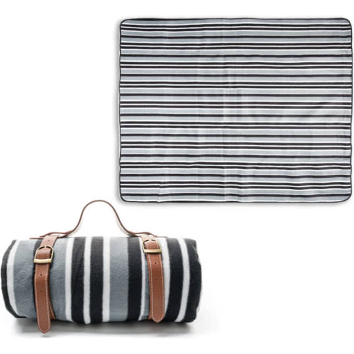 A fleece picnic blanket in black and white stripes, rolled up with a leather strap for easy carrying.