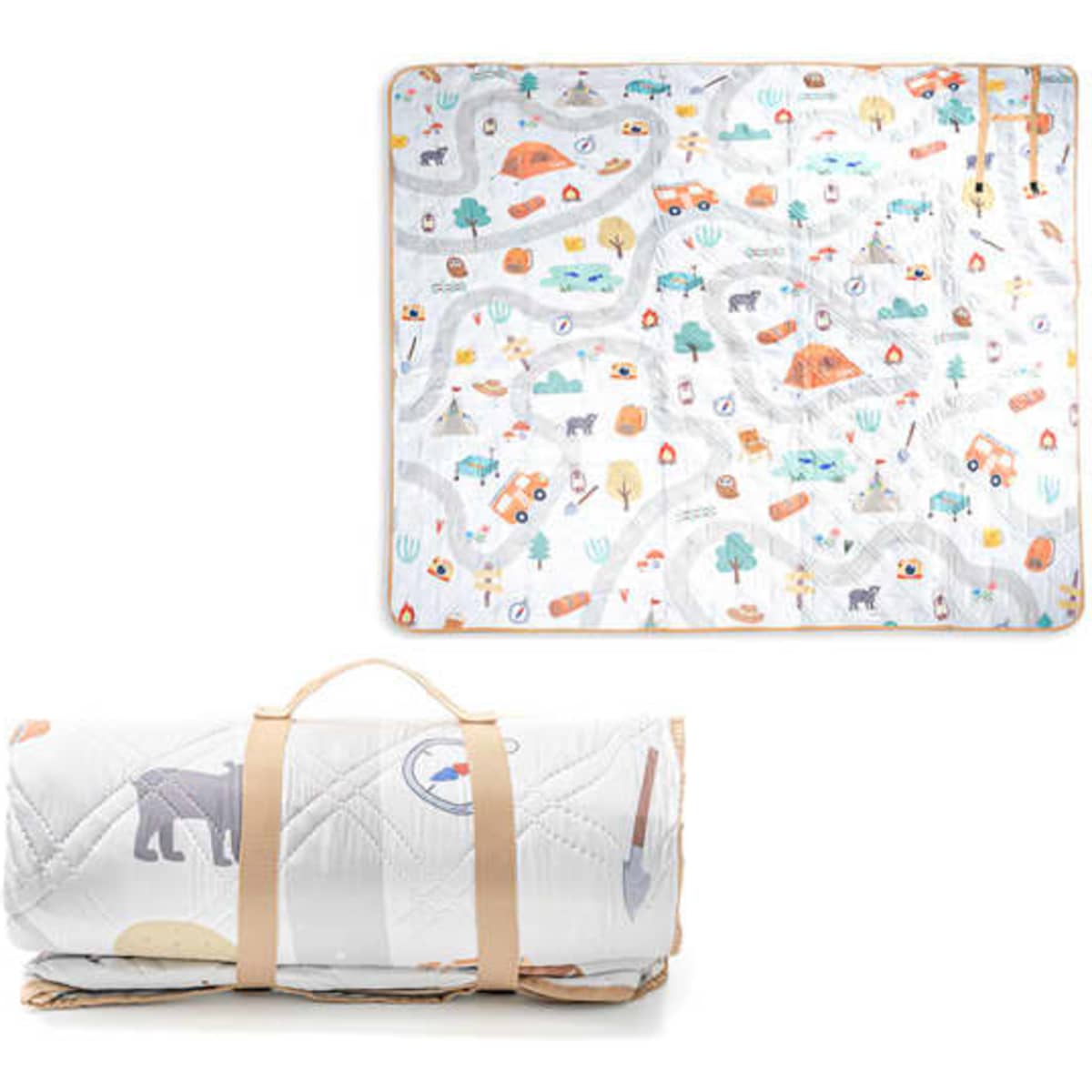 A rolled-up picnic blanket with a carrying strap, featuring a colourful nature-themed design on a white background.