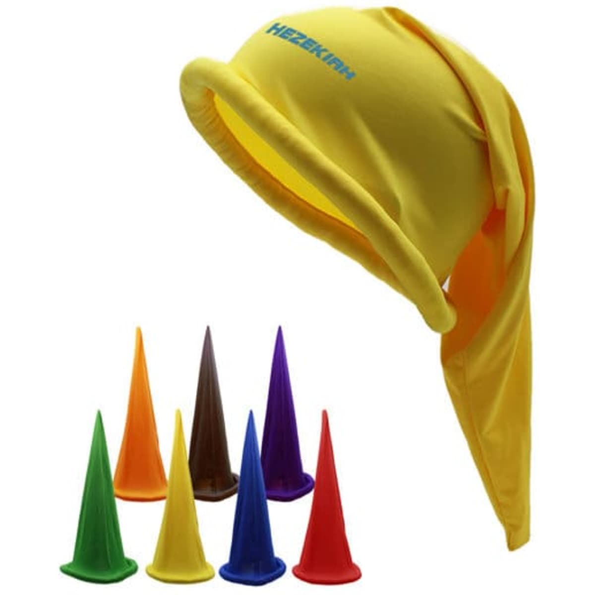 A yellow extra long dwarf hat with various colourful cone hats in orange, brown, purple, and green arranged around it.