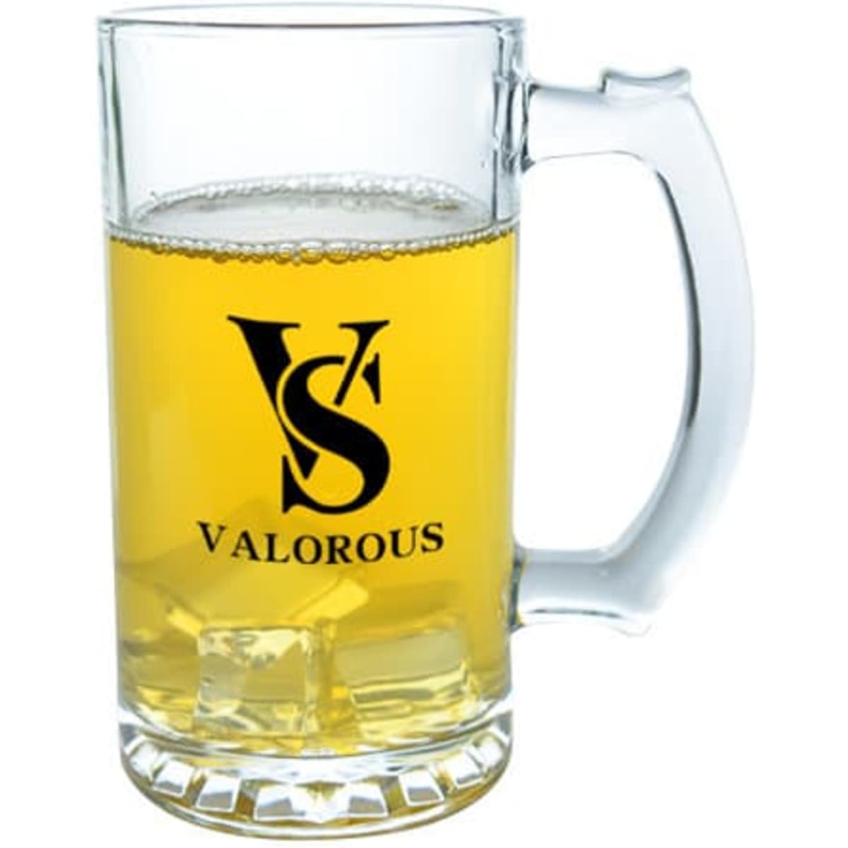 A clear 16 oz. glass beer mug filled with golden beer and ice, featuring a logo on the front.
