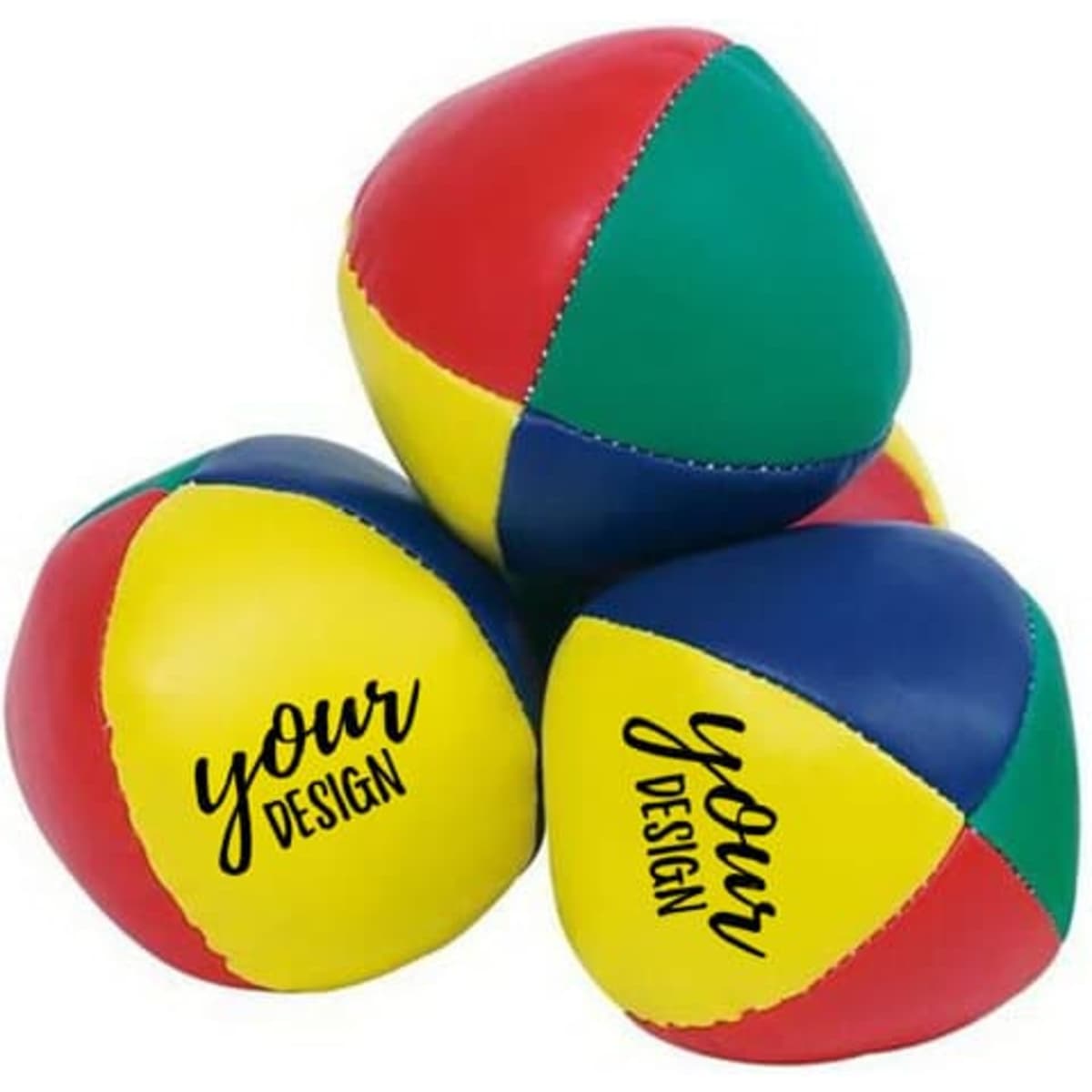 A set of three kids' juggling balls in red, yellow, green, and blue, featuring a space for custom design.