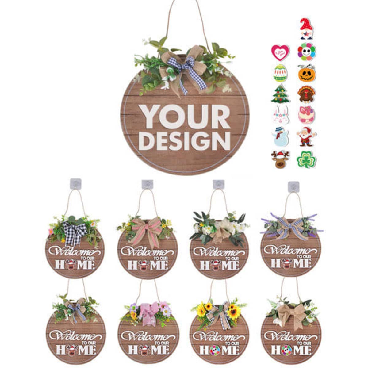 A wooden door hanger with interchangeable designs, featuring a round shape, natural wood finish, and decorative elements.