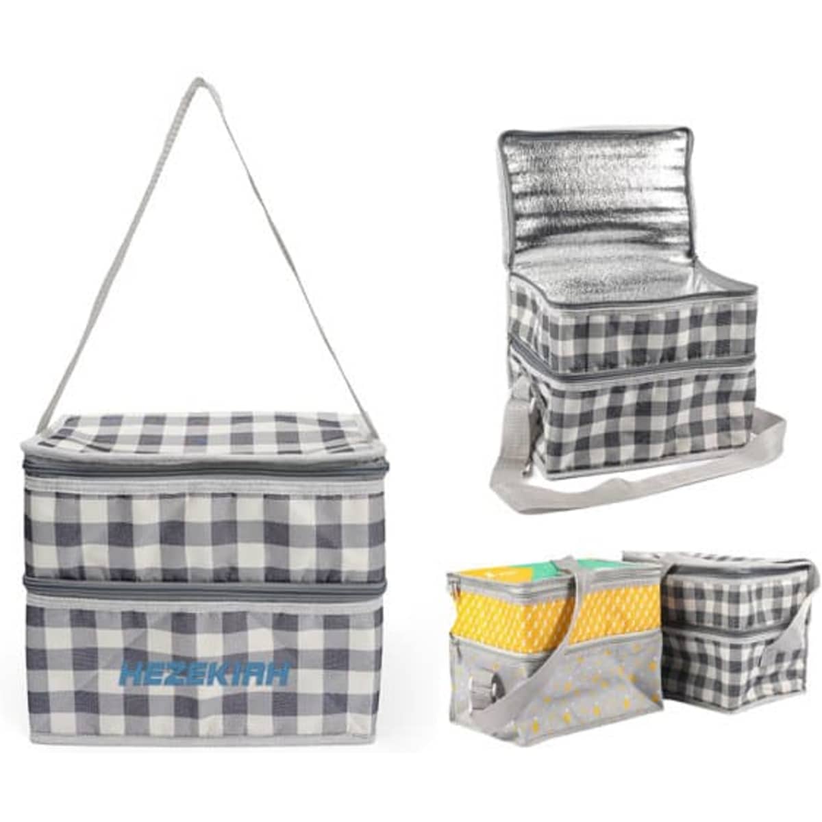 A grey and white checked thermal insulated lunch bag with dual compartments, featuring a shoulder strap and reflective interior.