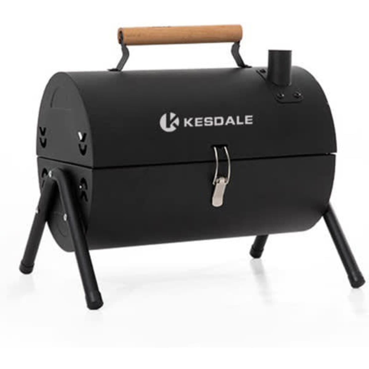 A portable drum barbecue charcoal grill in black with a wooden handle and metal stand, featuring a logo.