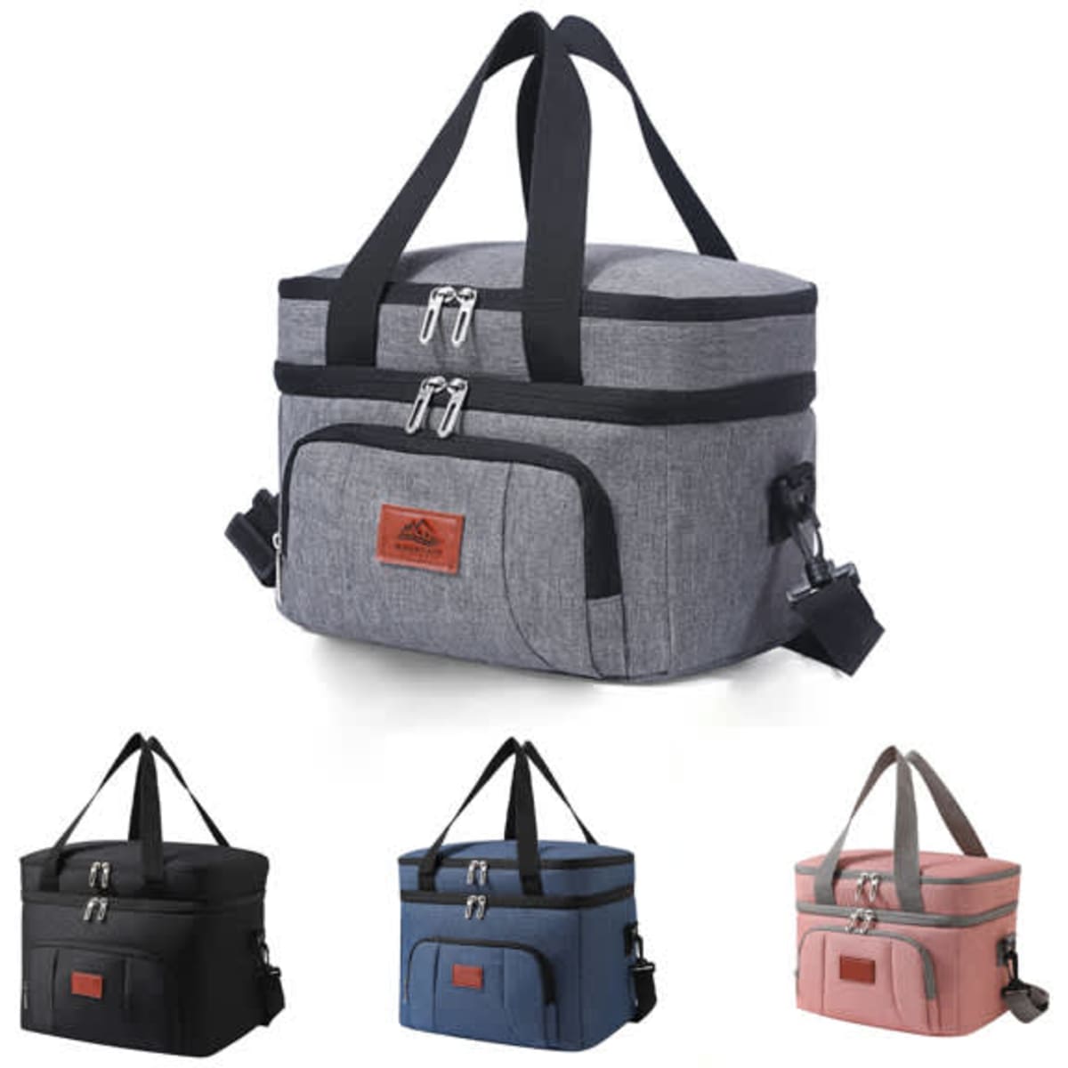 A grey insulated lunch cooler bag with zippers, featuring a front pocket and a logo, alongside options in black, blue, and pink.