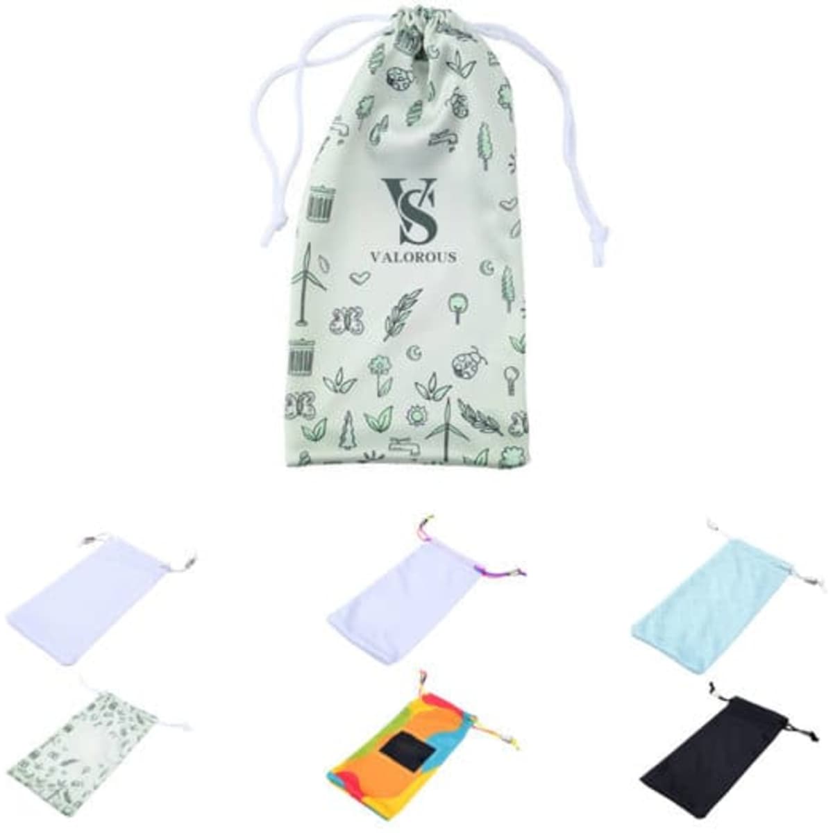A drawstring pouch in various colours, featuring a logo, designed for holding glasses or small items.