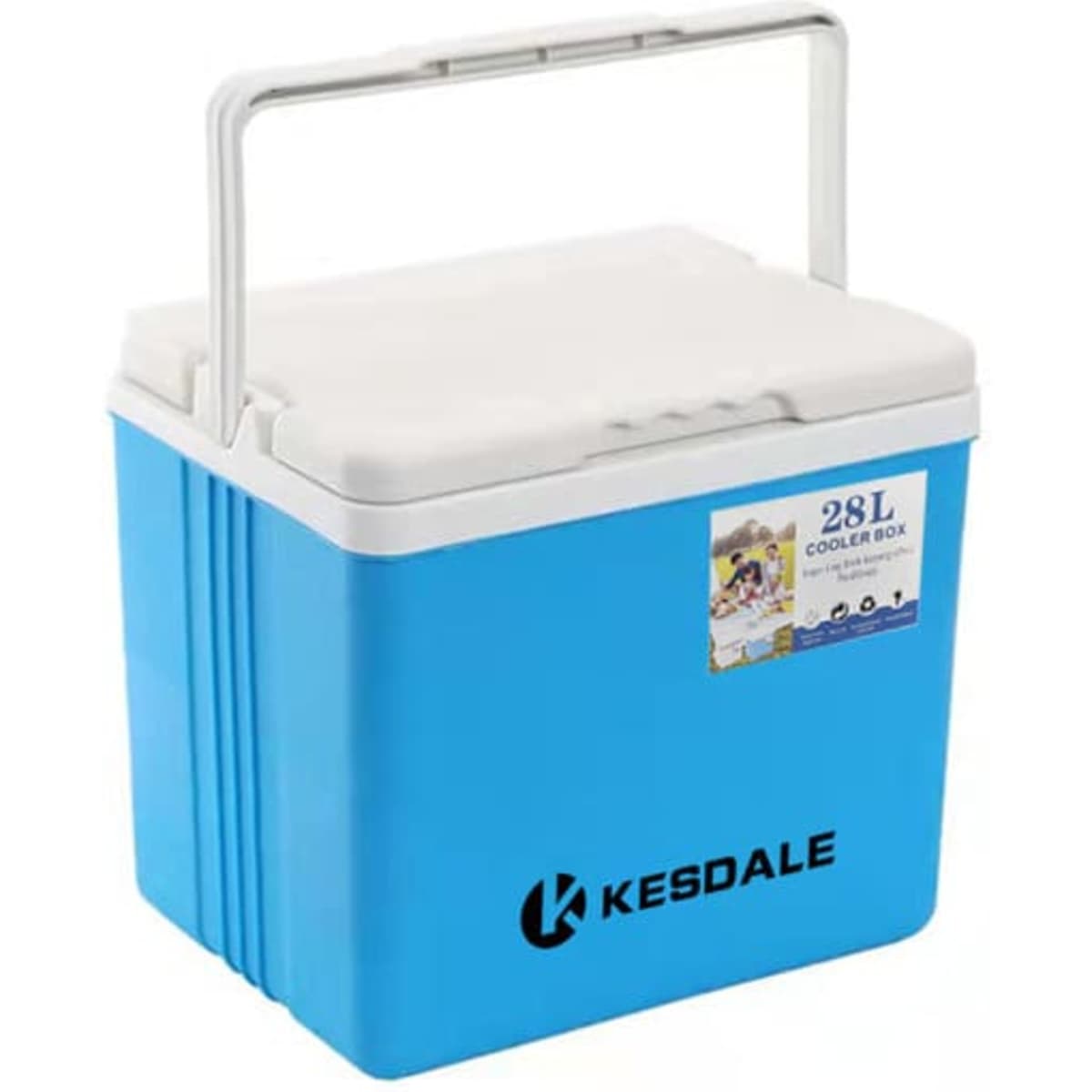 A plastic insulated ice cooler box in blue with a white lid and a carry handle. It features a logo.